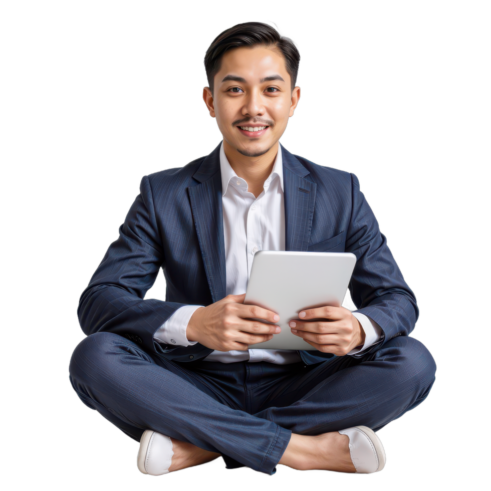 Asian businessman sitting on the floor with his tablet pc png
