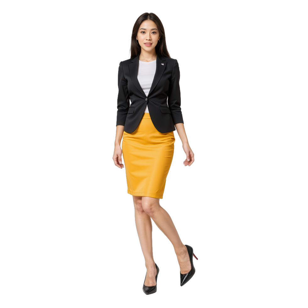 A woman in a black blazer and yellow skirt png