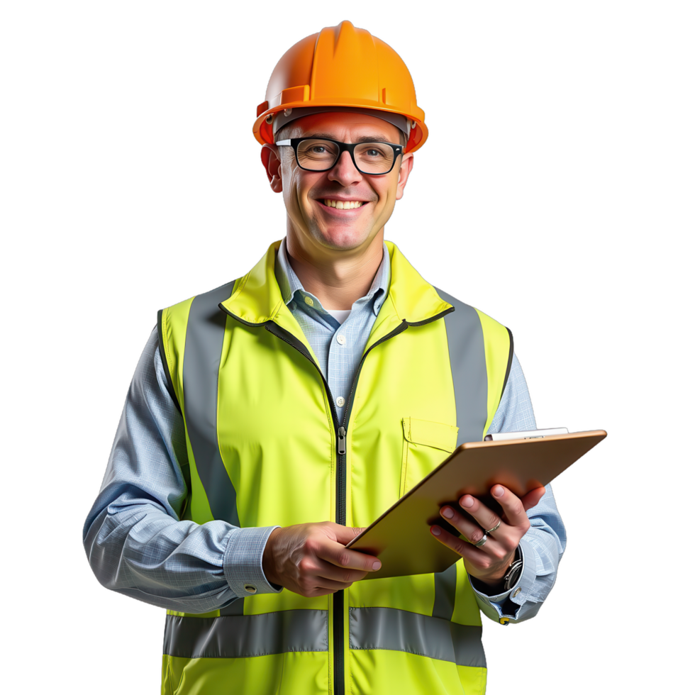 A man in a safety vest holding a clipboard png