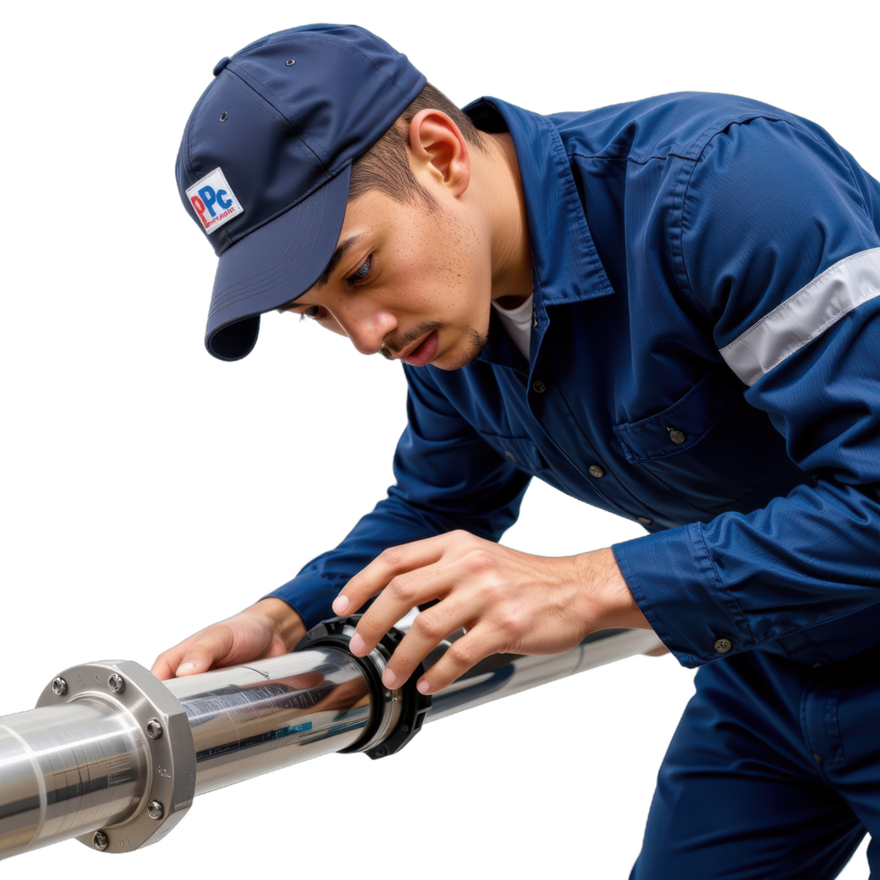 A man in blue overalls is fixing a pipe png