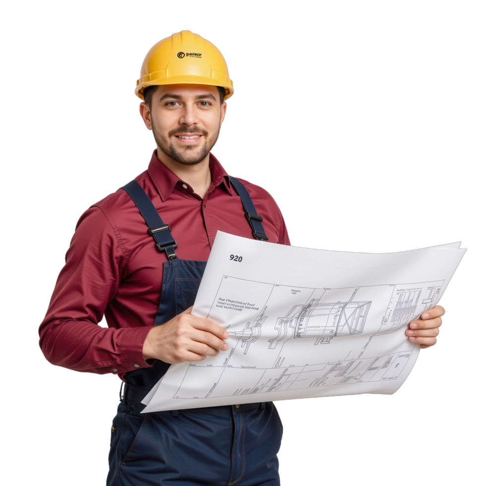 A man in overalls holding a blueprint png