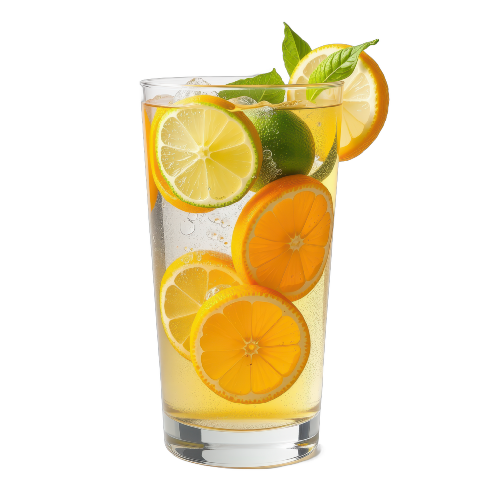 A glass of lemonade with slices of lemons and lime png