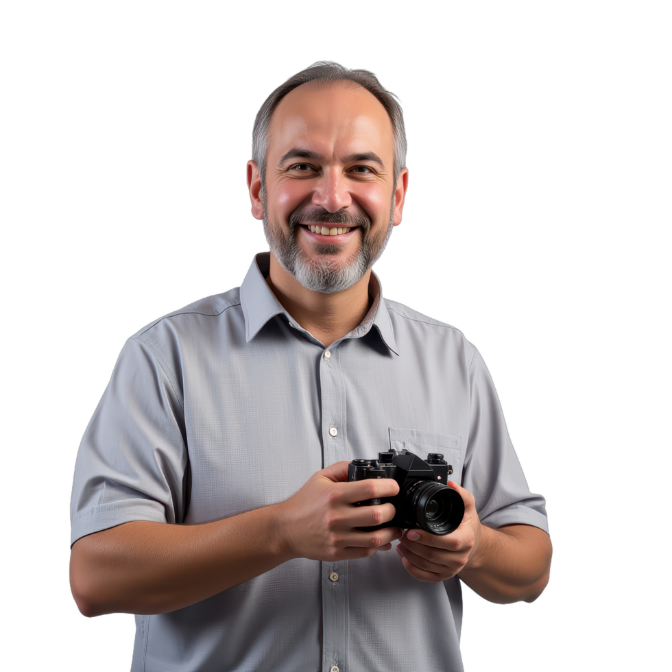 A man with a beard and gray shirt holding a camera png