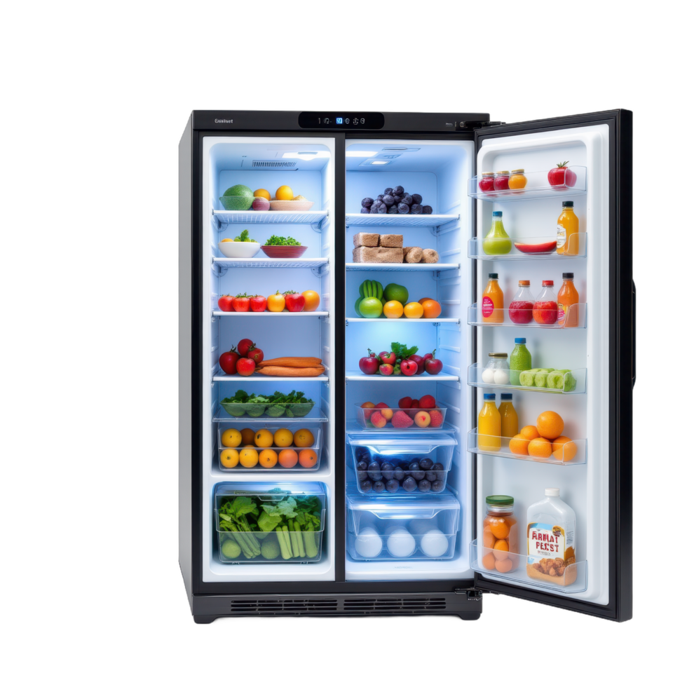 A refrigerator with fruit and vegetables in it png