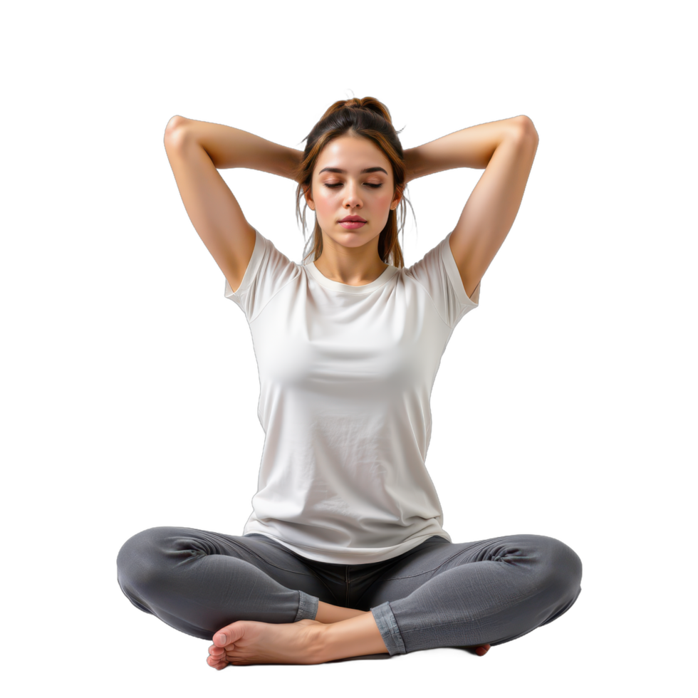 A woman is sitting in the lotus position with her hands on her head png