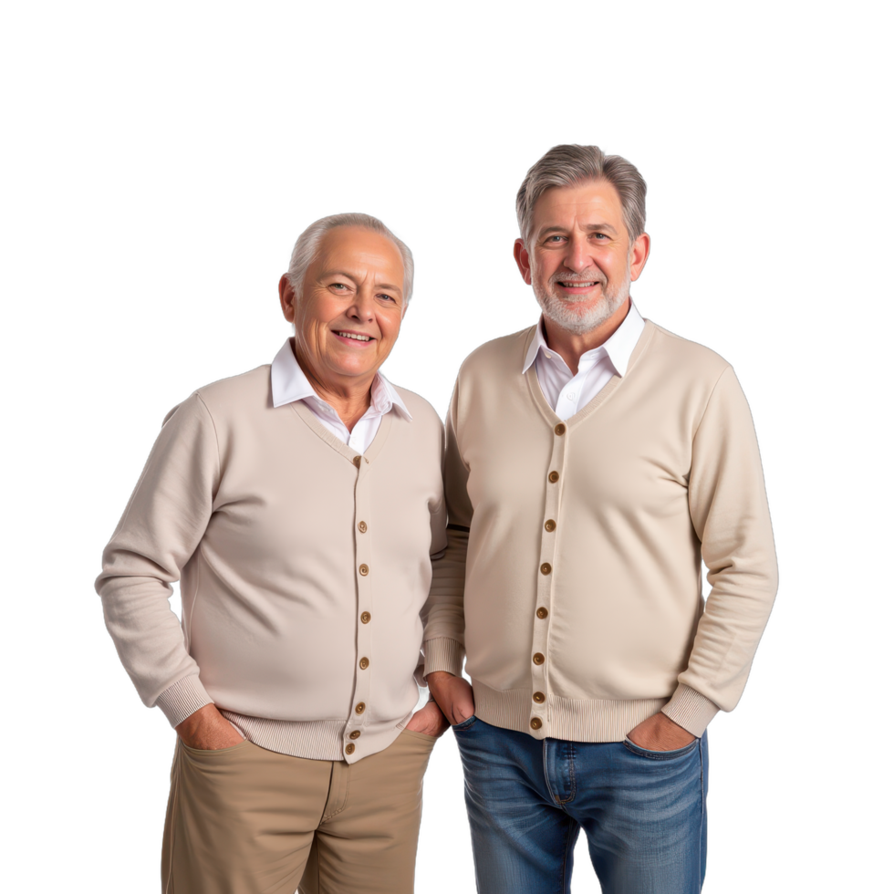 Two older men in beige sweaters standing next to each other png