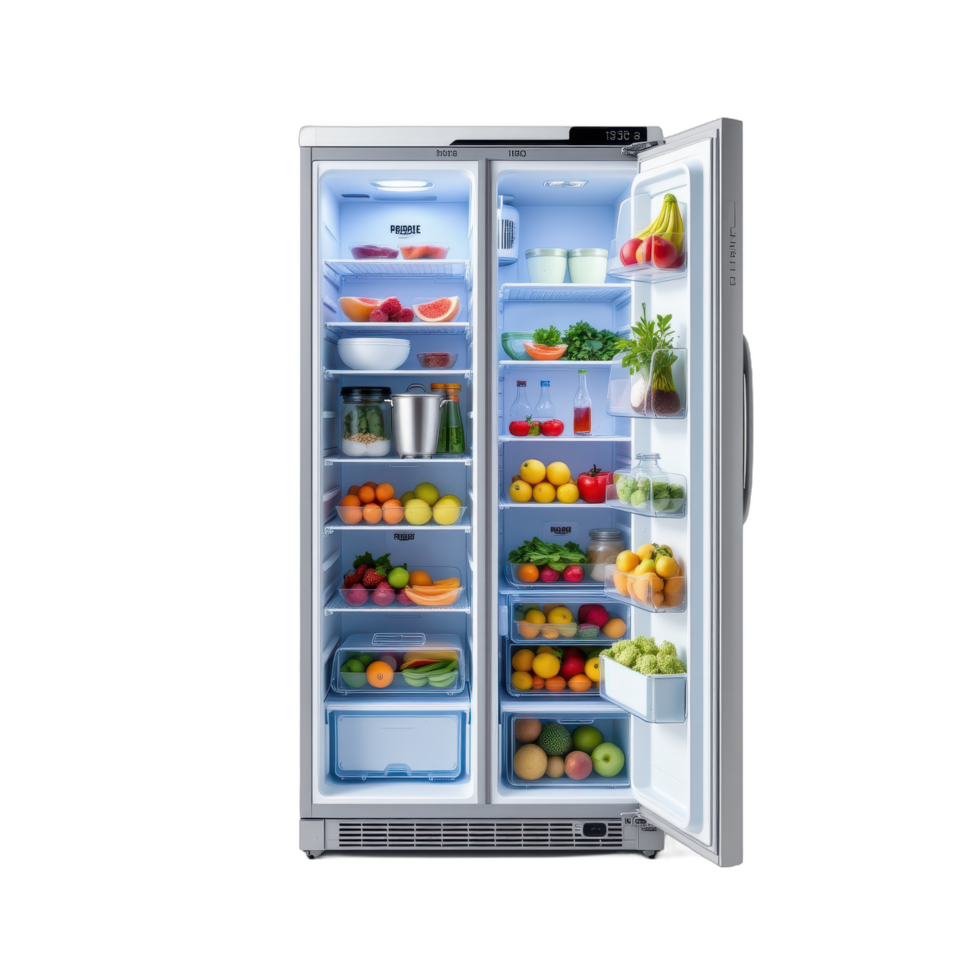 A refrigerator with many different types of food in it png