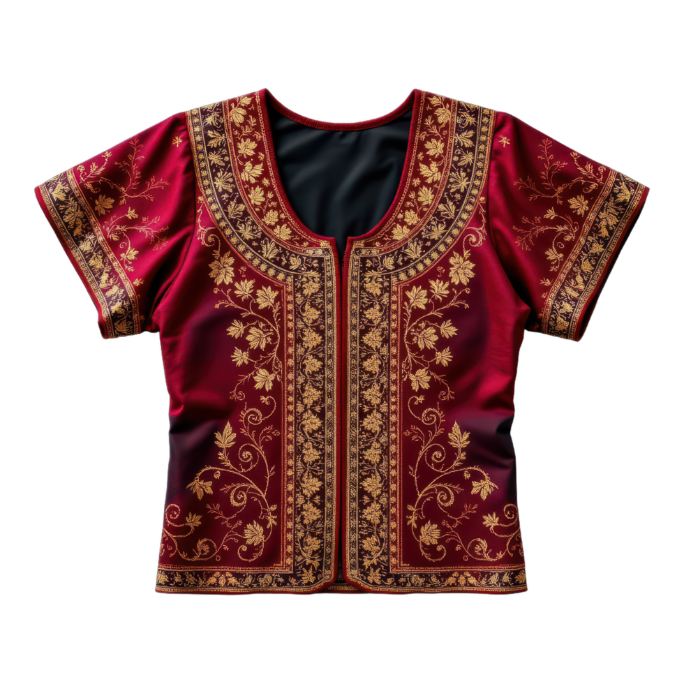 A red and gold embroidered blouse with an ornate design png