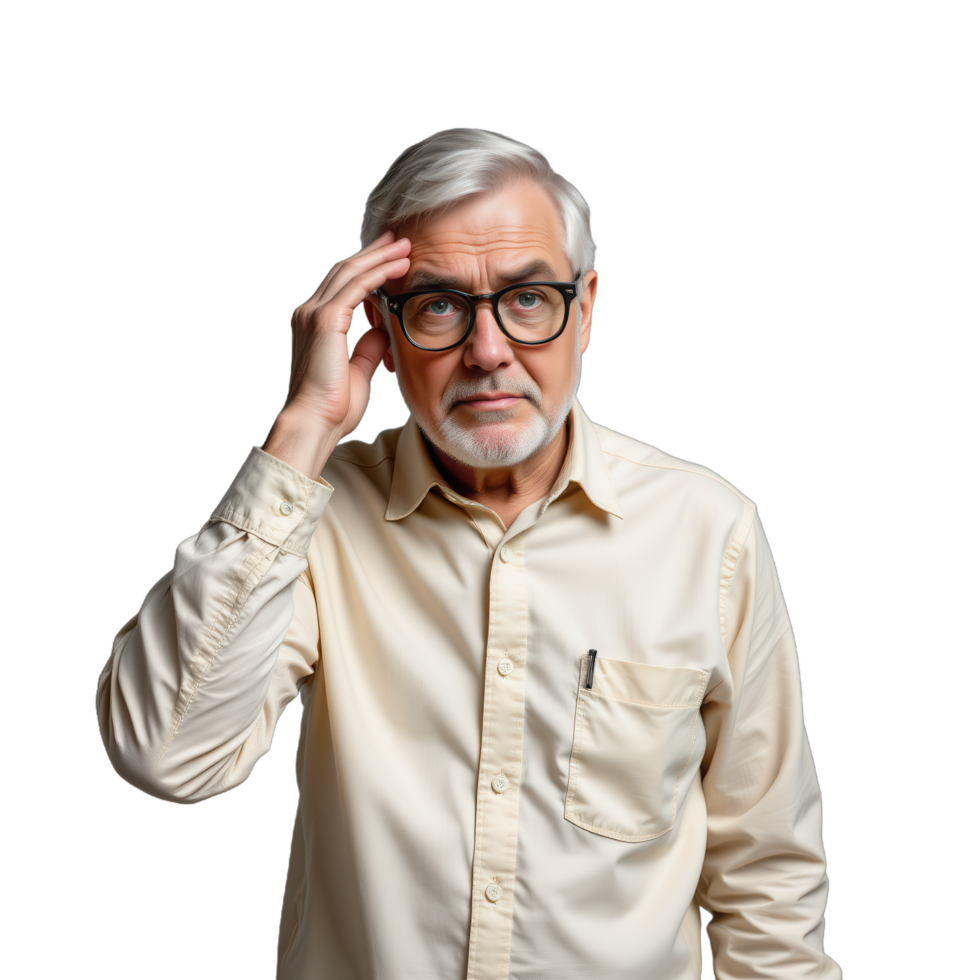 An older man with glasses and a beard is holding his head png