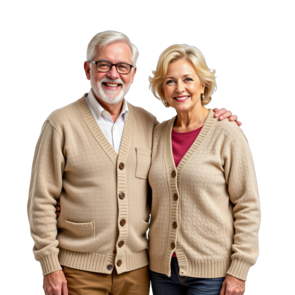 An older couple in sweaters posing for the camera png