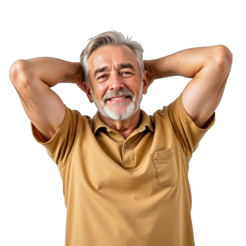 A man with a beard and a tan shirt is smiling png