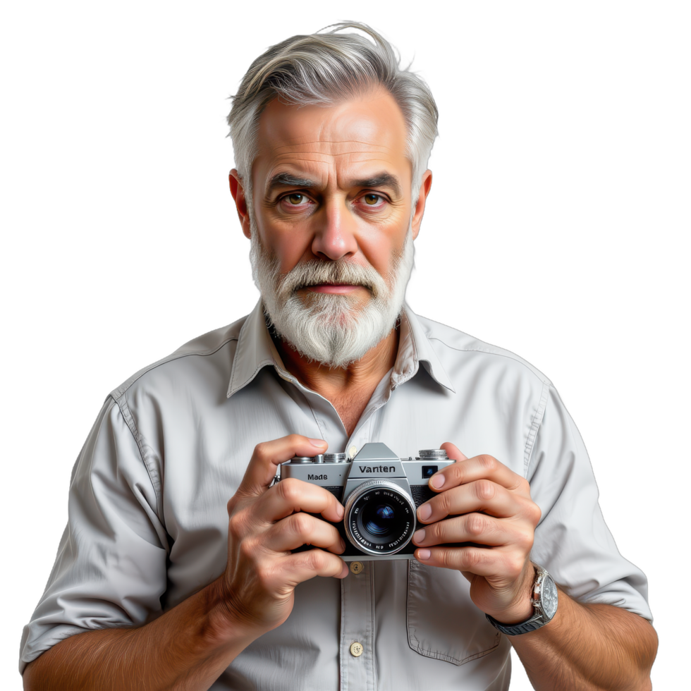 An old man with a beard and gray hair holding a camera png