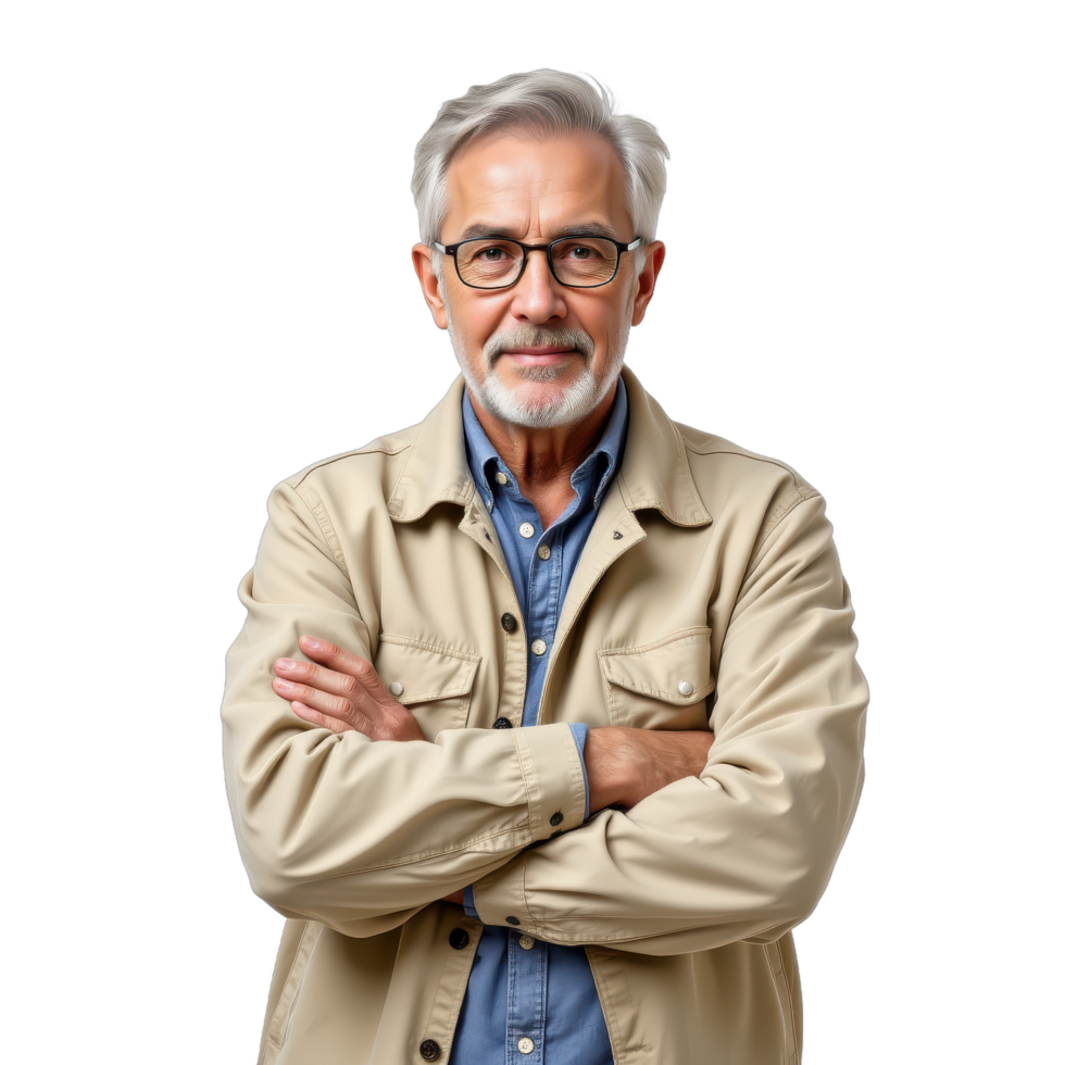 An older man with glasses and a beard standing with his arms crossed png