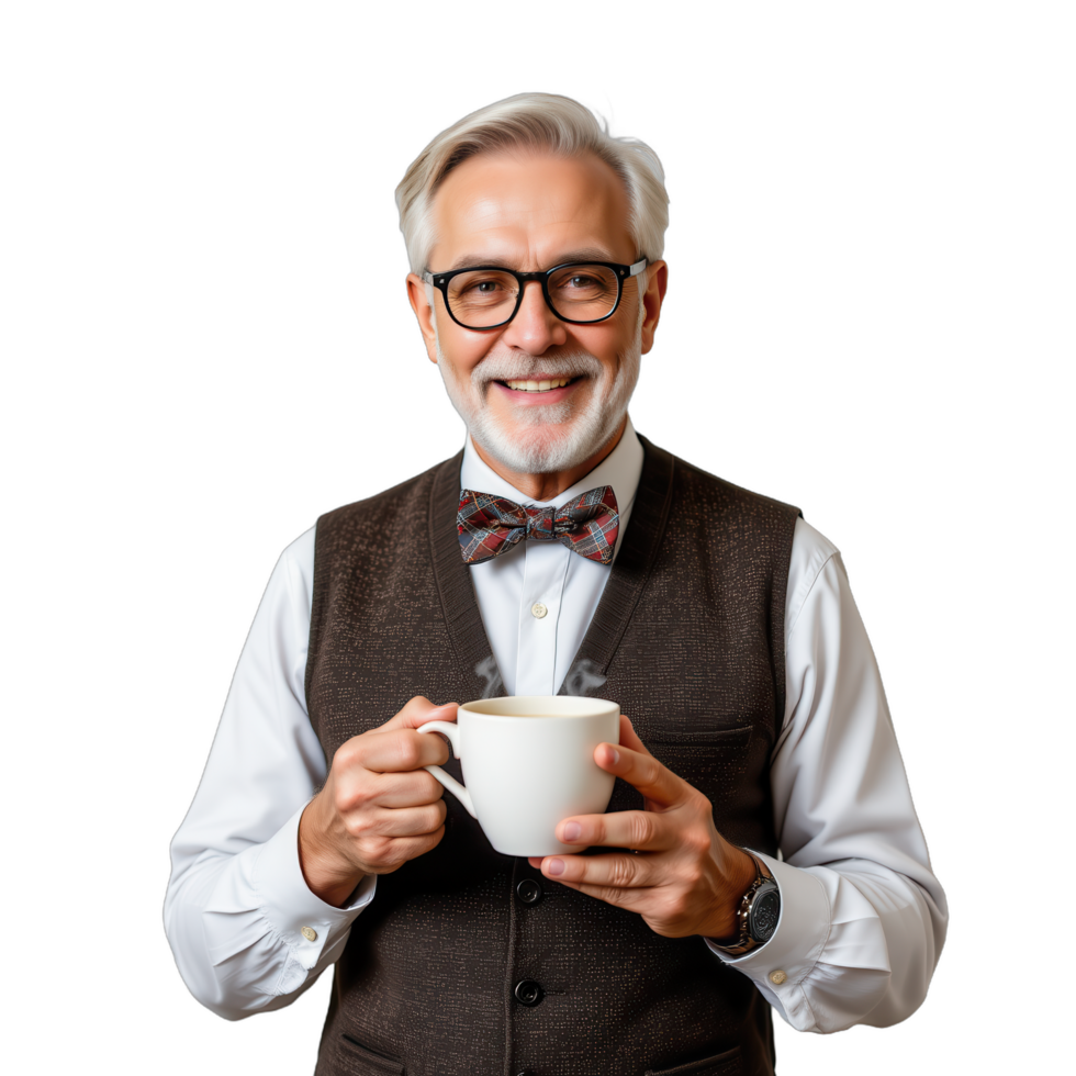 An old man in a vest and bow tie holding a coffee cup png