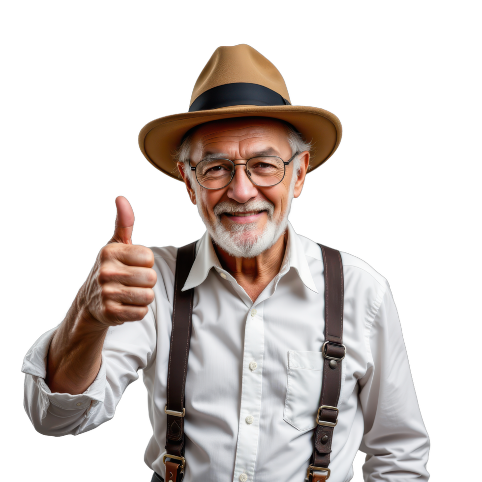 An old man in a hat and suspenders giving the thumbs up png