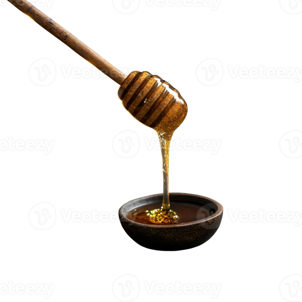 honey dripping from a wooden stick on a plate with a bowl of honey png