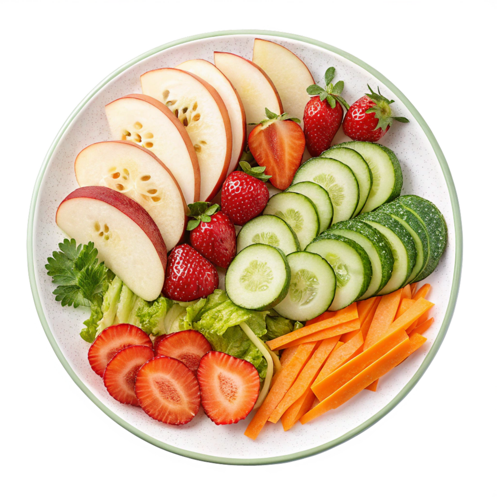 a plate with sliced fruit and vegetables on it png