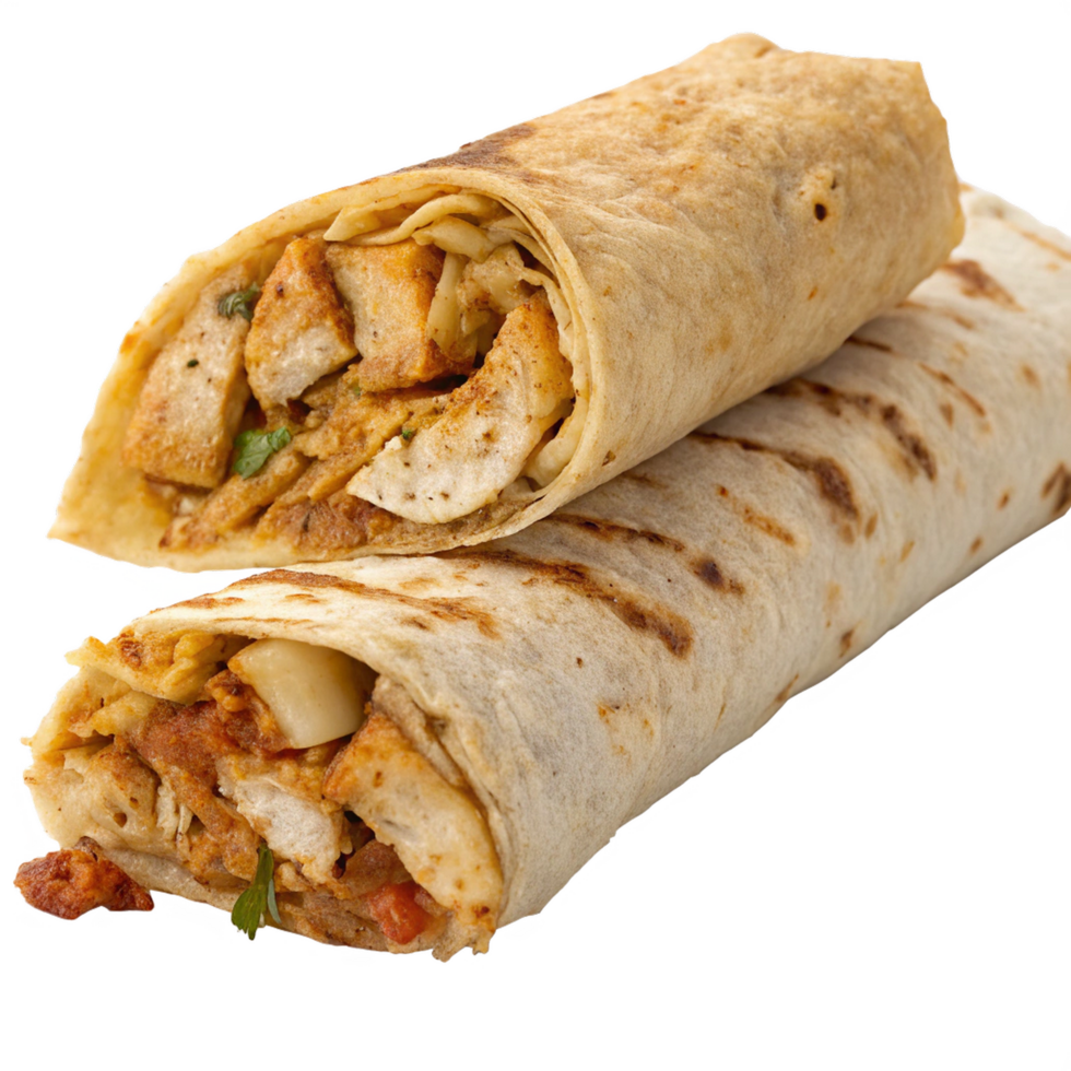 two burritos with chicken and vegetables on top png