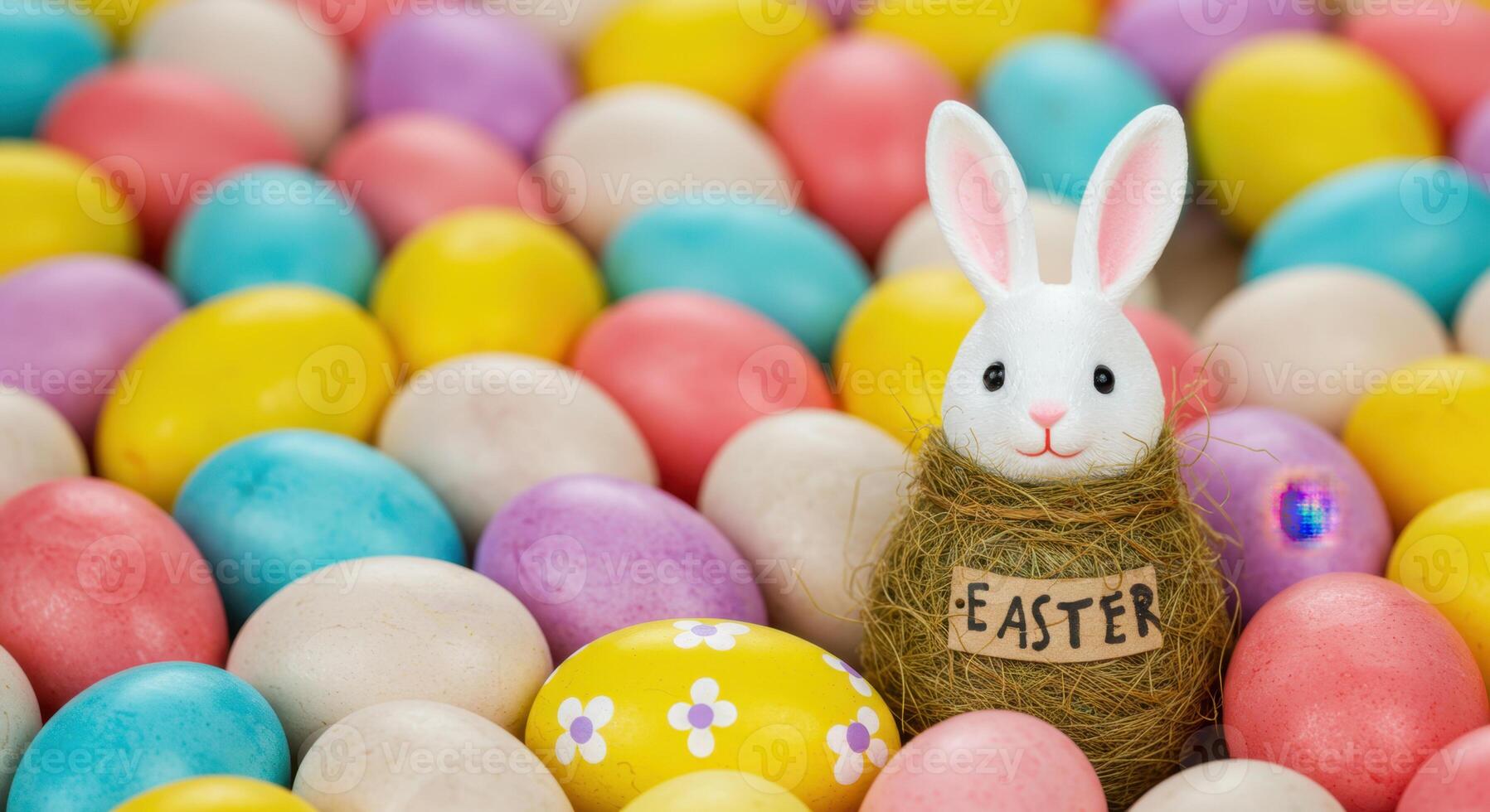 Cute Easter Bunny Figurine in Nest Surrounded by Colorful Easter Eggs photo