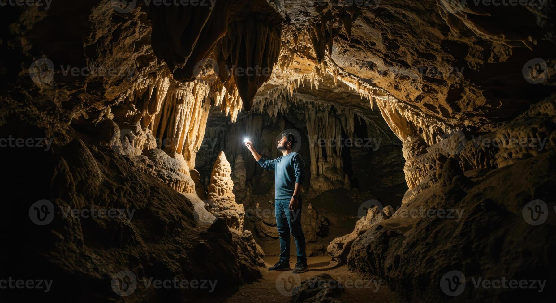 Male Explorer Observing Stalactites Inside Illuminated Limestone Cave photo
