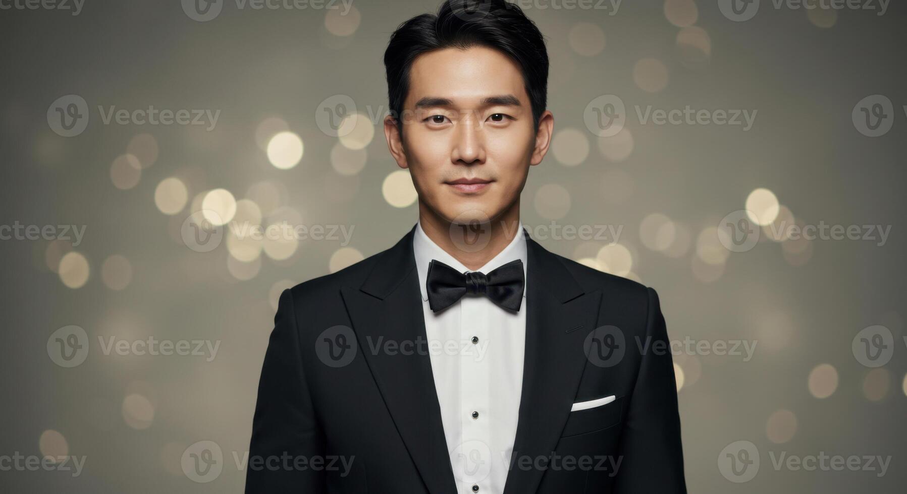 Elegant Asian Man in Black Tuxedo with Bow Tie Against Soft Bokeh Background photo