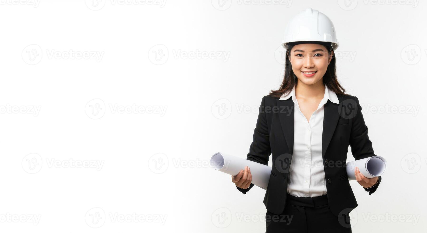 Confident Asian Female Engineer in Business Suit and Safety Helmet Holding Construction Blueprints on White Background photo
