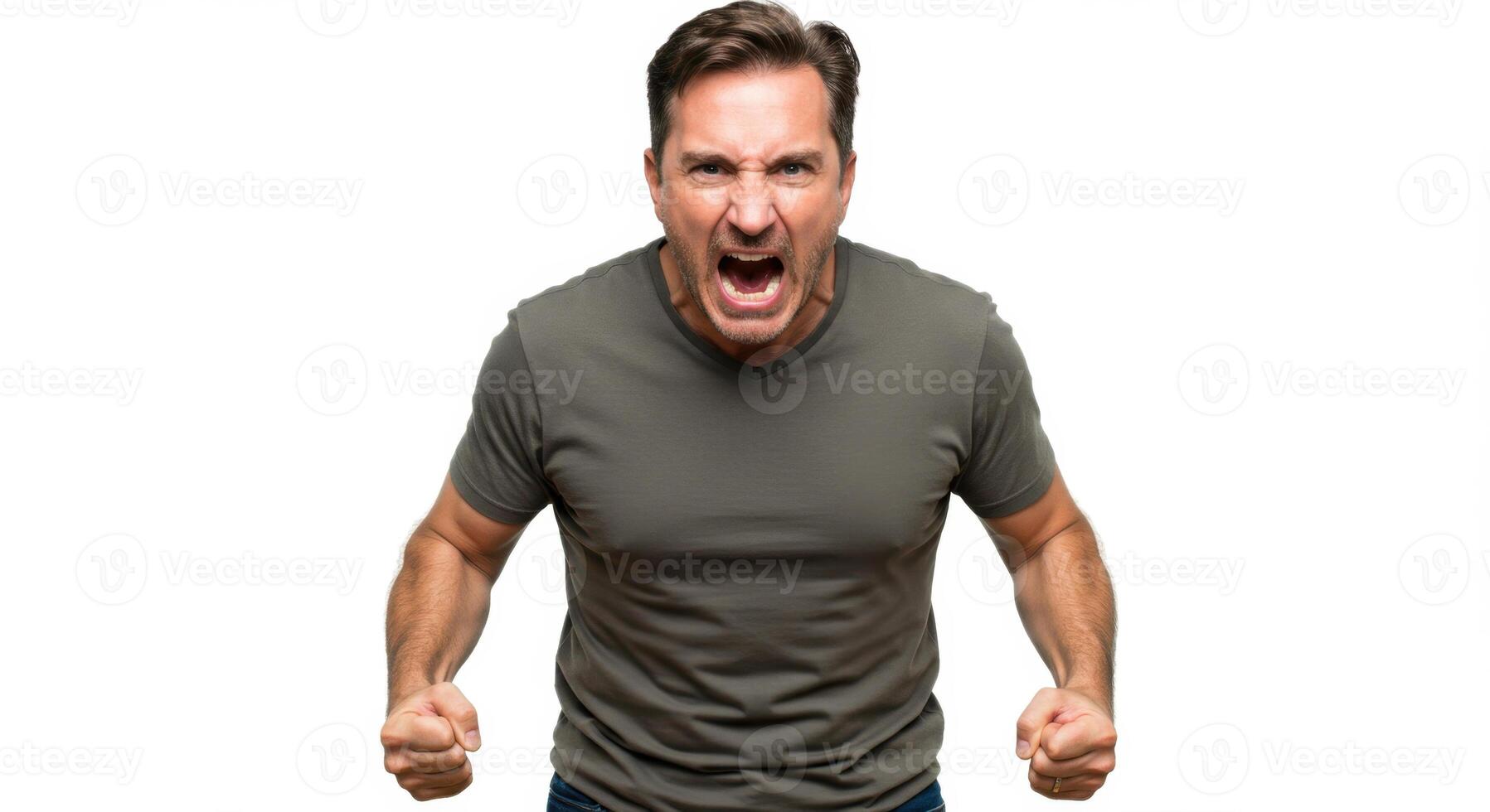 Angry Caucasian Man Shouting Aggressively in Tensed Body Posture Wearing Grey T-Shirt Isolated on White Background photo
