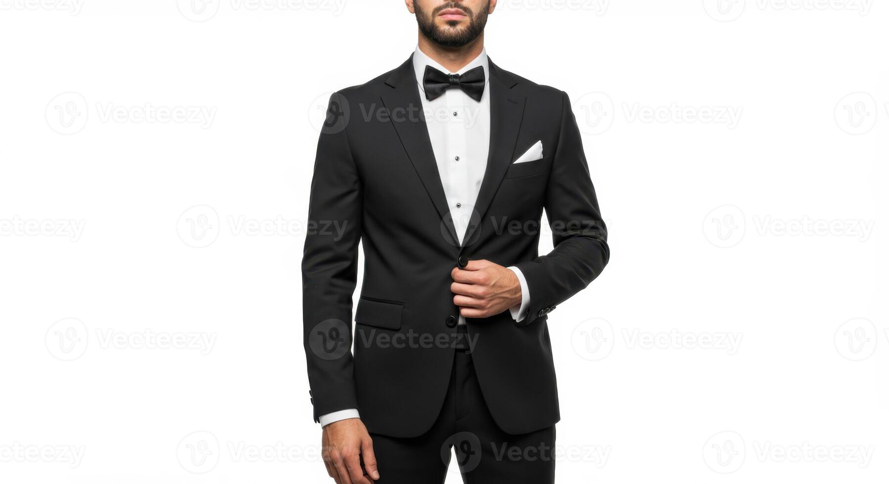 Elegant Bearded Man Adjusting Tuxedo Jacket on White Background photo
