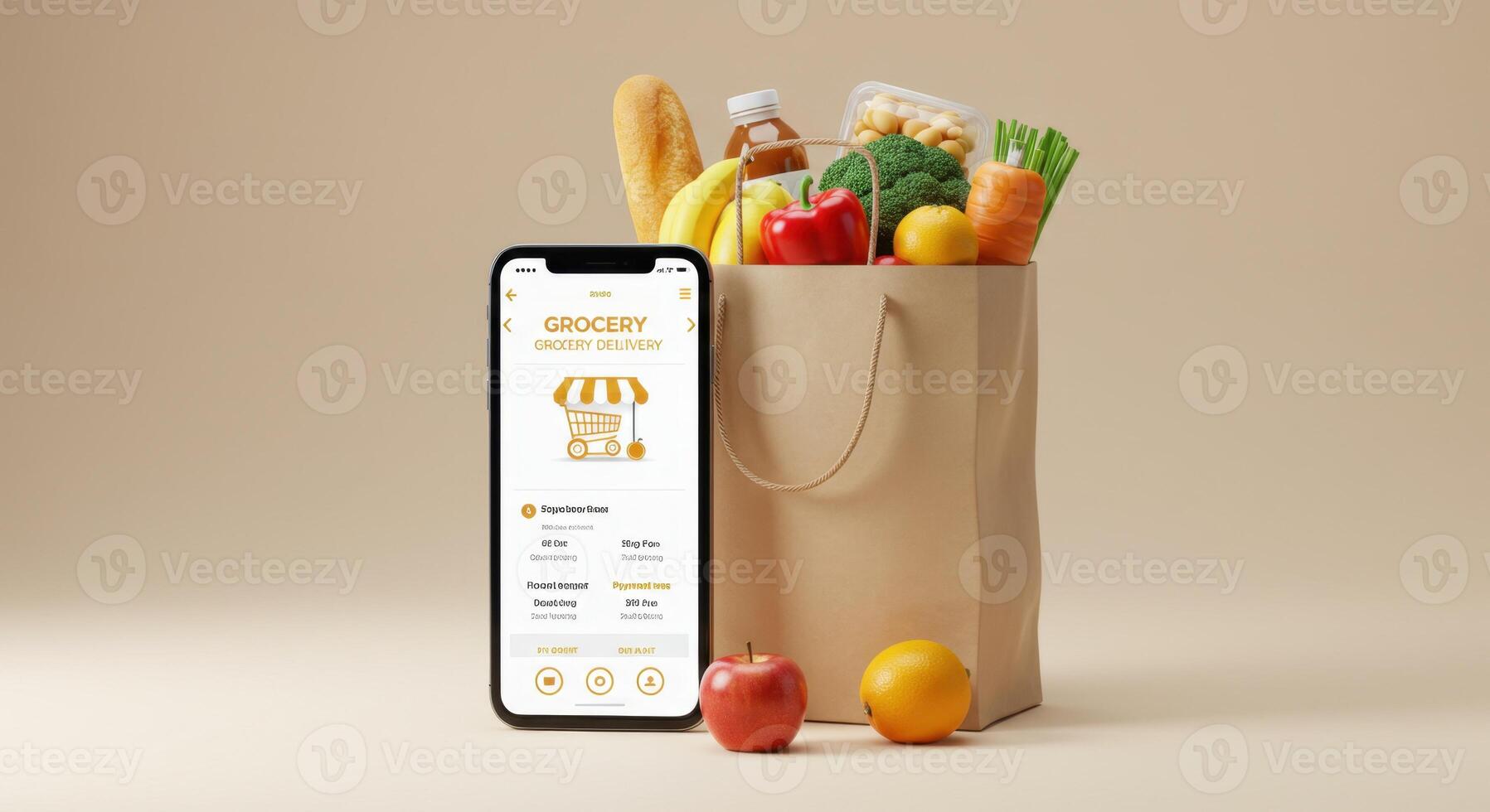 Mobile Grocery Delivery App with Fresh Produce in Paper Bag on Neutral Background photo