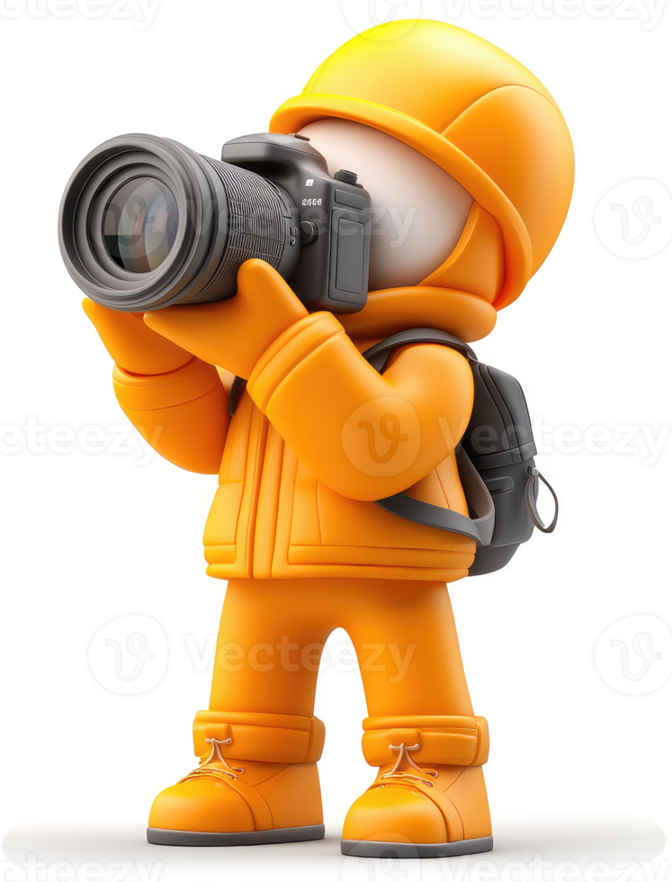 Cartoon character in protective gear takes photograph. png