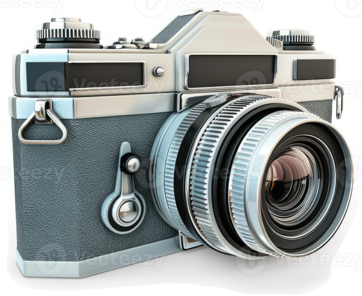 Vintage silver-toned camera, perfectly rendered in a studio setting. png