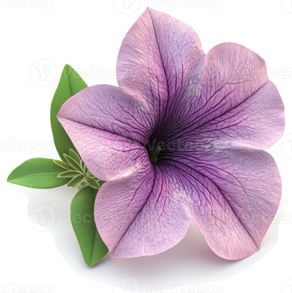 Soft purple petunia flower with green leaves. png