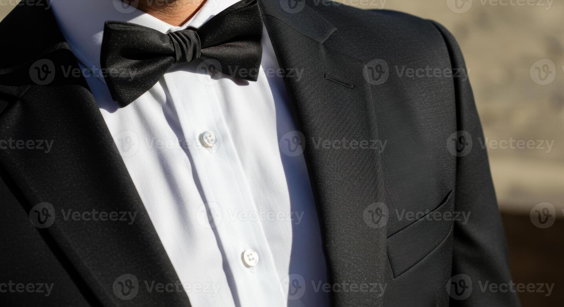 Close-Up of Elegant Black Tuxedo and Bow Tie in Sunlight photo