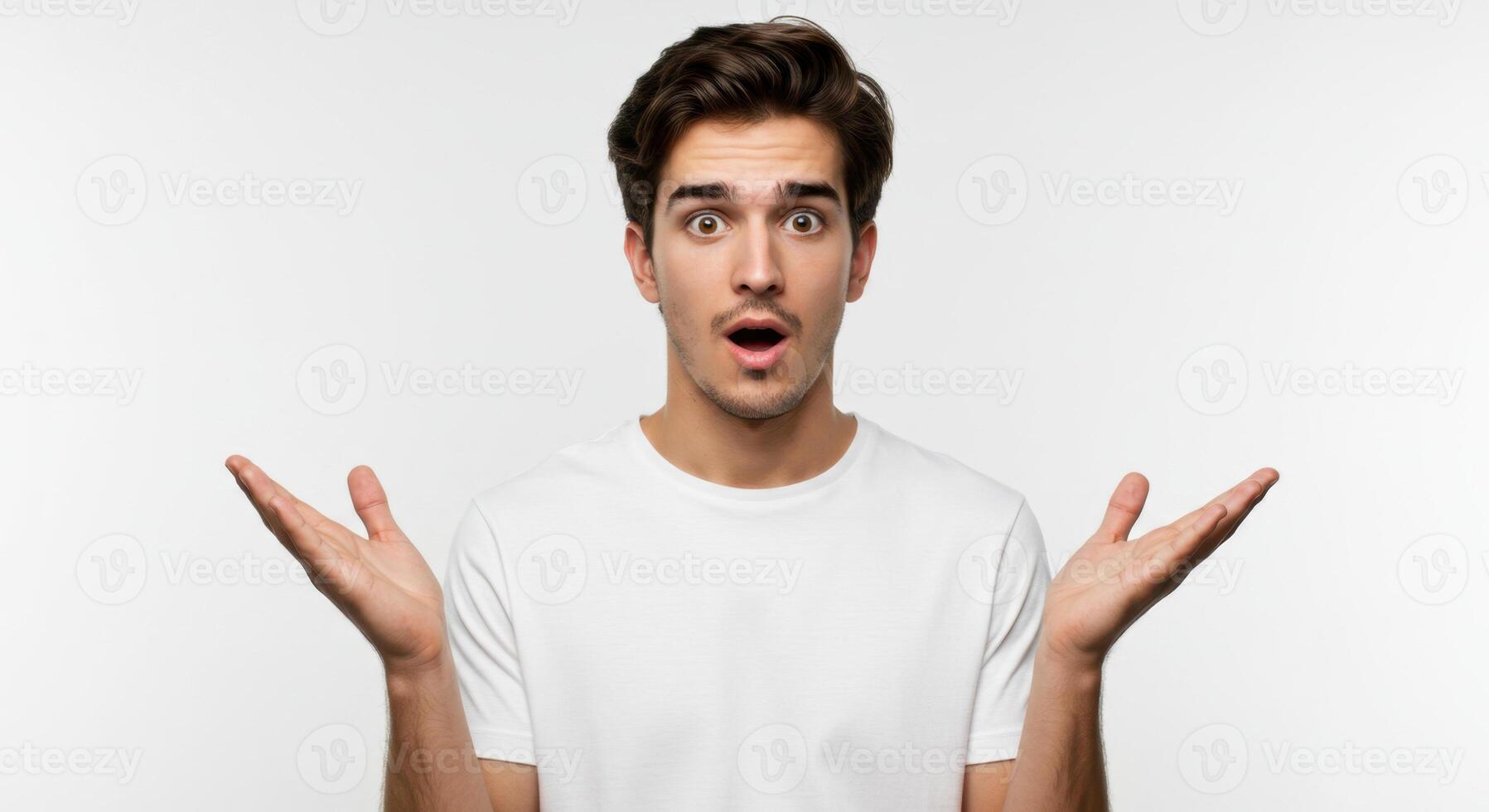 Surprised Young Man with Hands Raised in Confused Reaction on White Background photo
