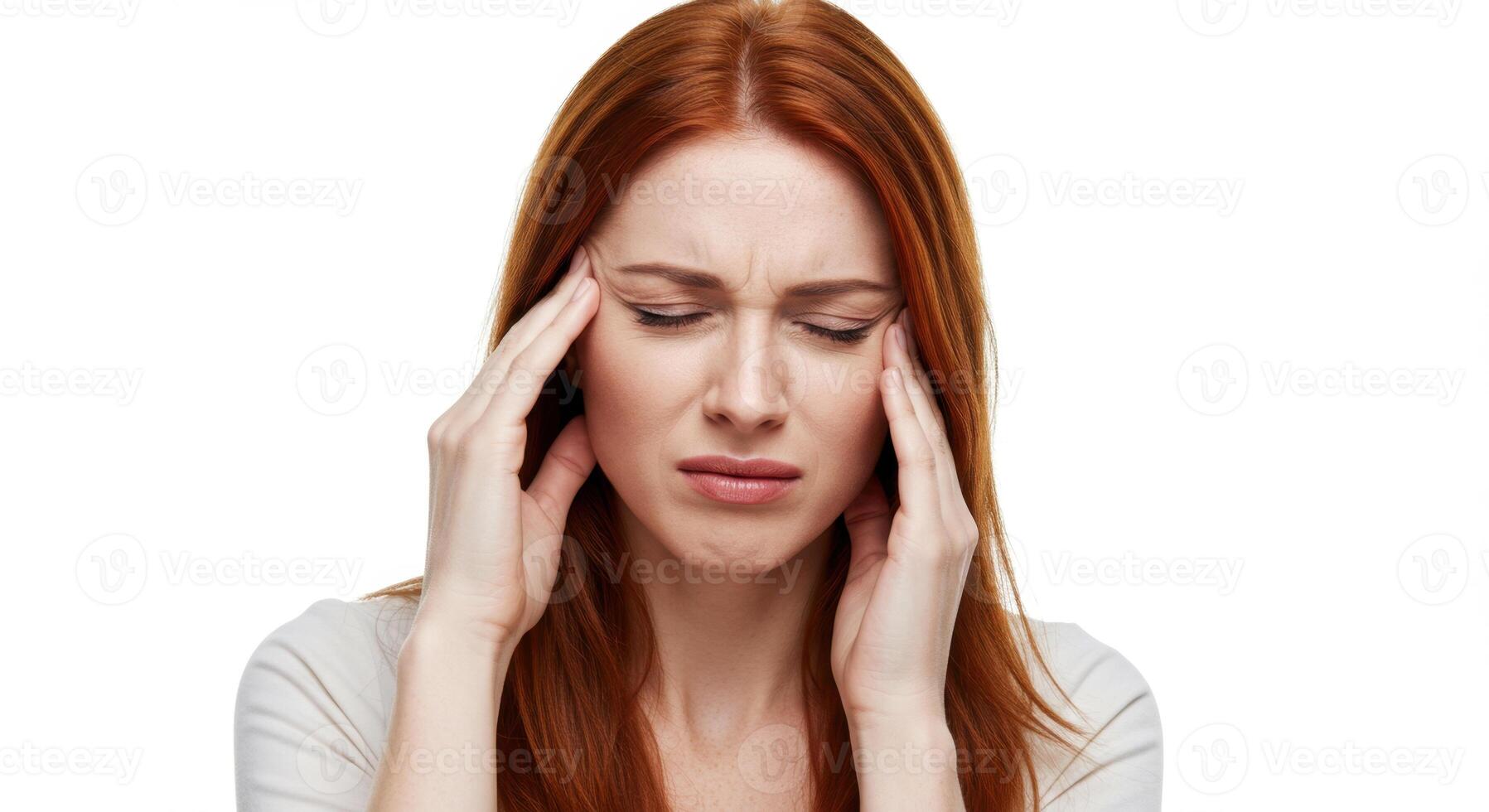 Young Redhead Woman Experiencing a Headache with Eyes Closed and Pained Expression photo