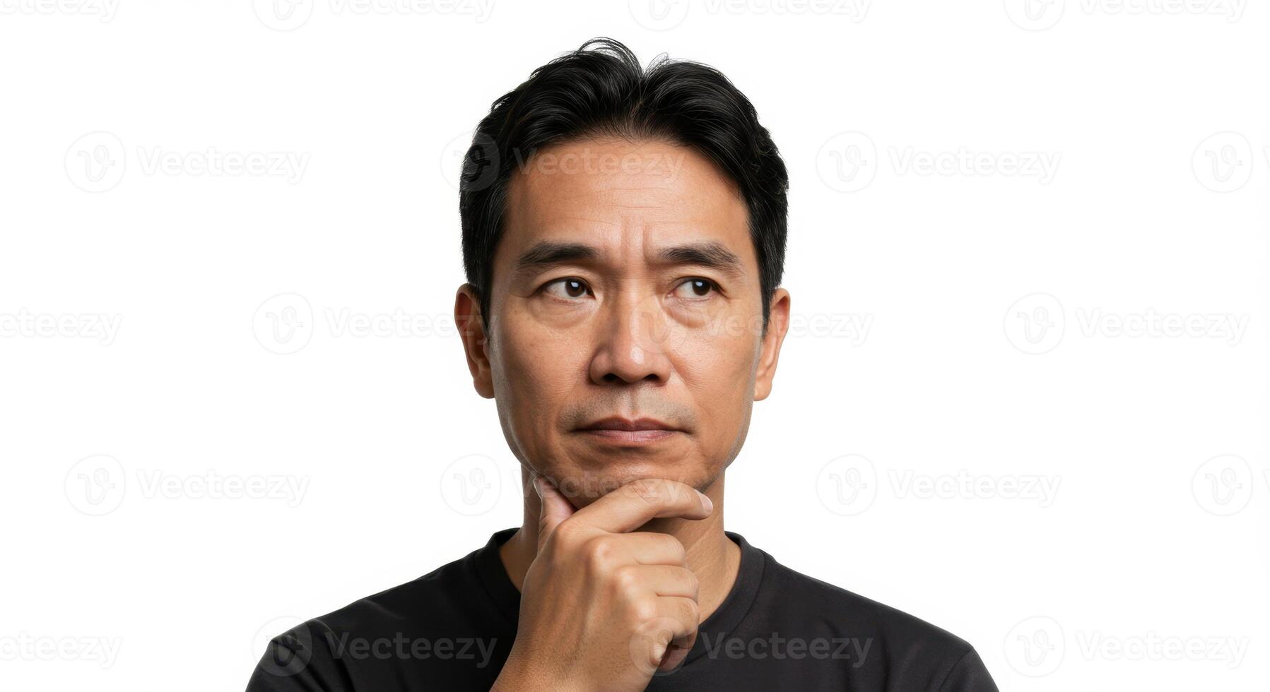 Thoughtful Asian Man in Black Shirt Looking Away in Deep Contemplation photo