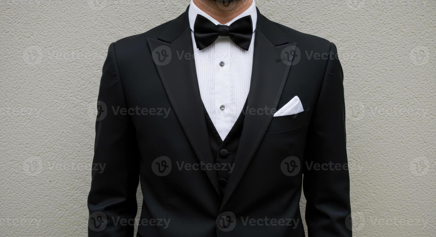 Close-Up of Man Wearing Elegant Black Tuxedo and Bow Tie with White Pocket Square photo