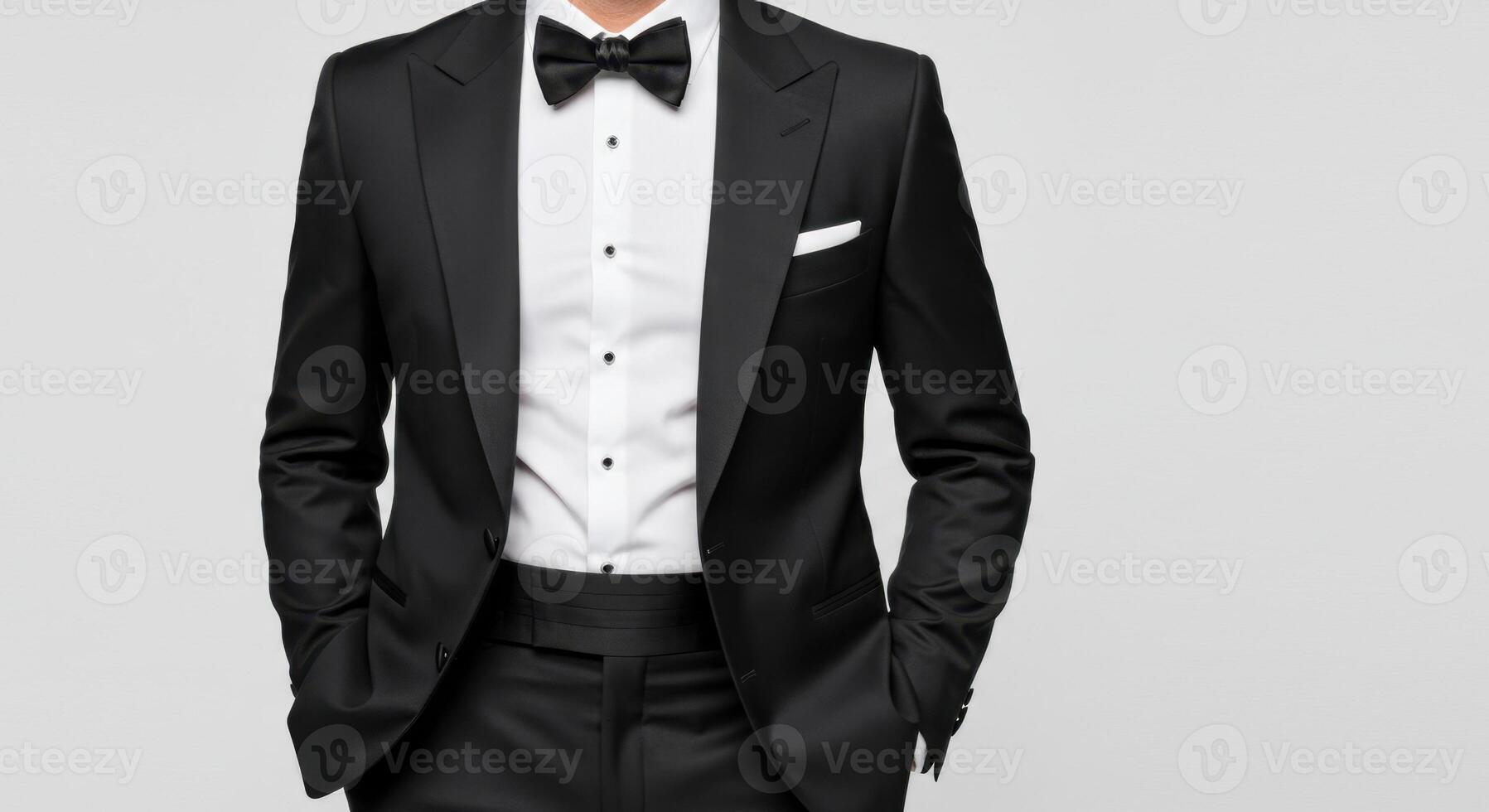 Elegant Man in Classic Black Tuxedo with Bow Tie and White Shirt on Light Background photo