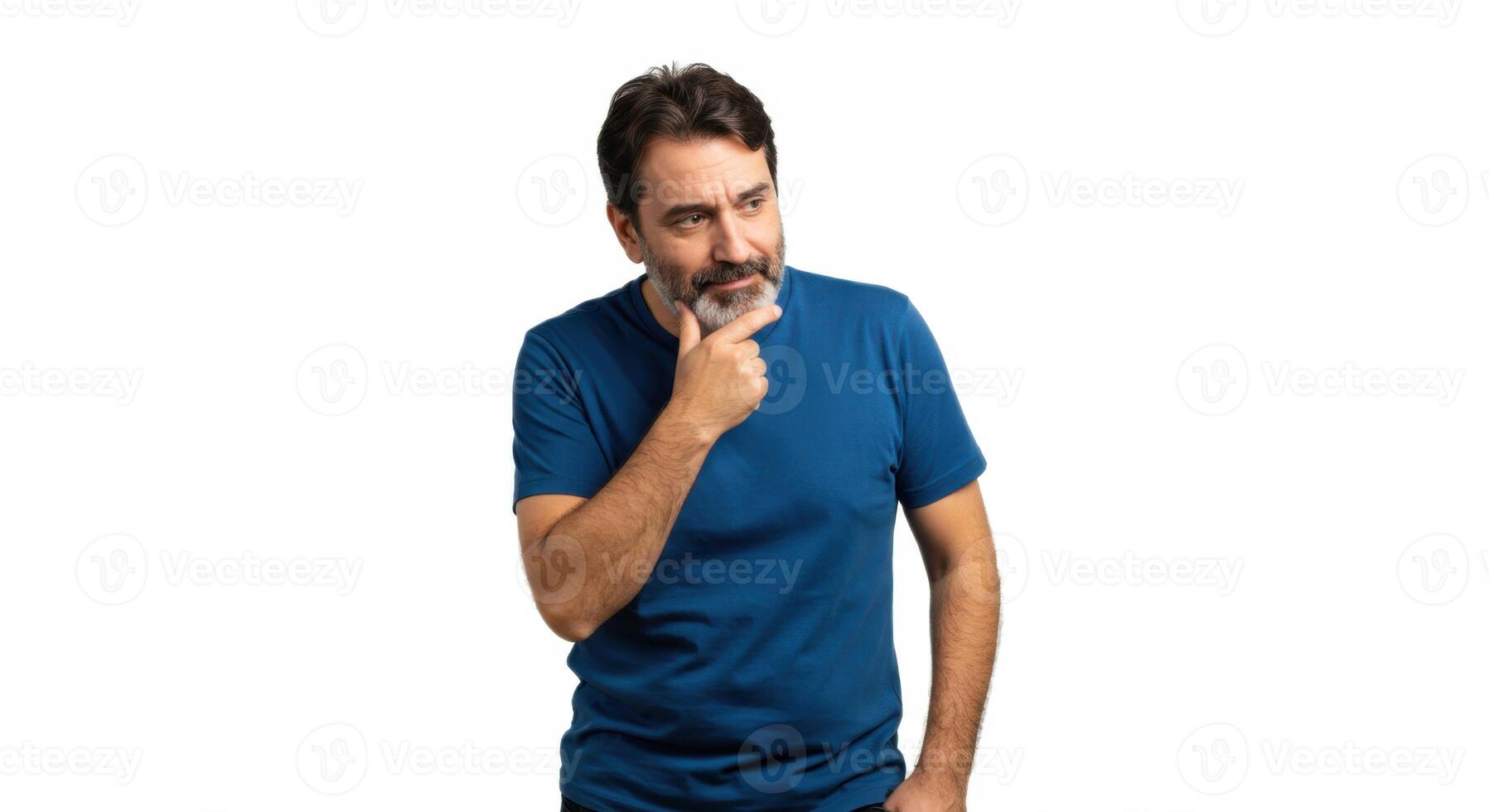 Thoughtful Middle-Aged Man Pondering an Idea on White Background photo