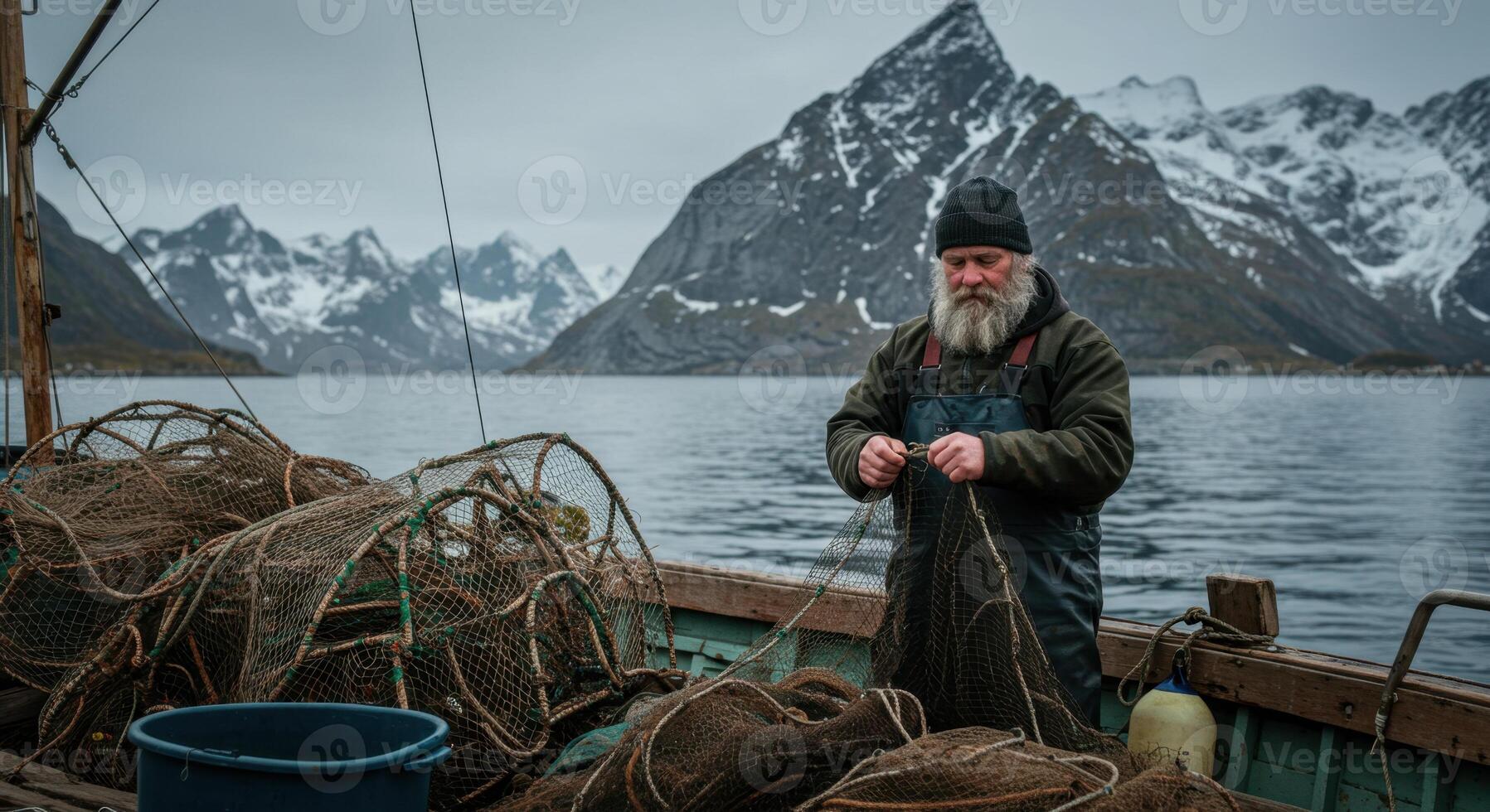 Nordic Fisherman Mending Nets on a Boat with Snowy Mountain Backdrop in Norway photo
