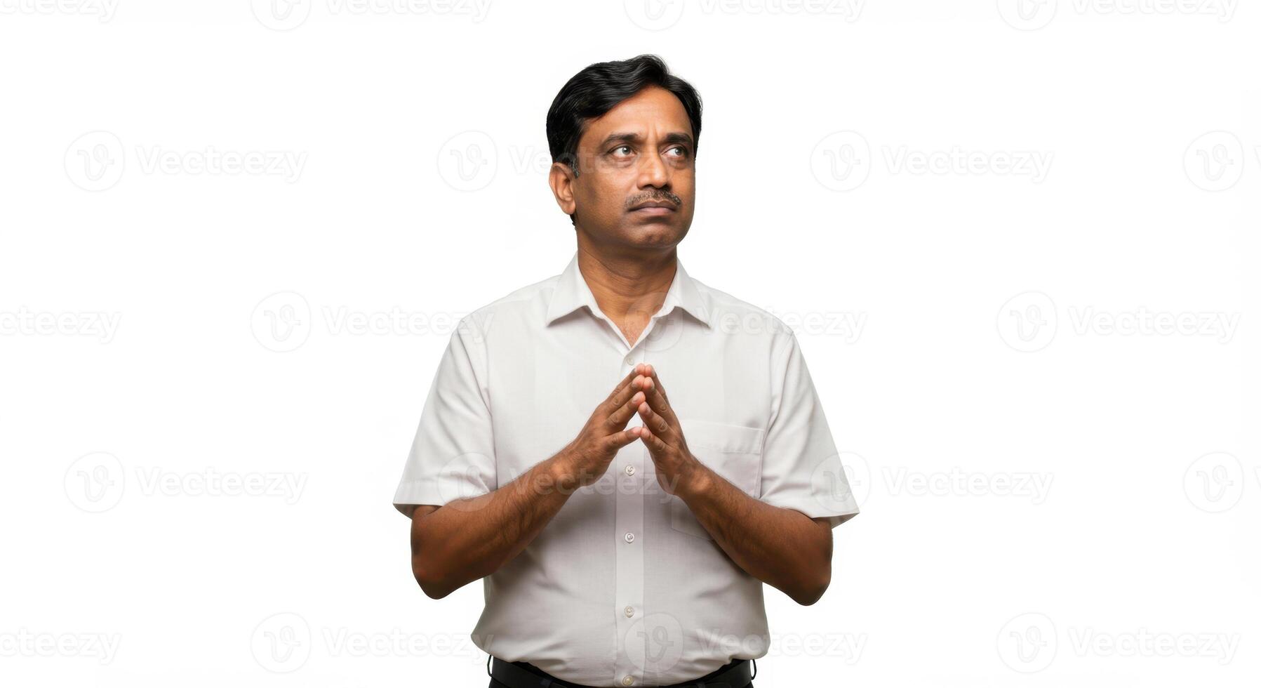 Thoughtful Middle-Aged Indian Man with Hands Together in Planning Gesture on White Background photo
