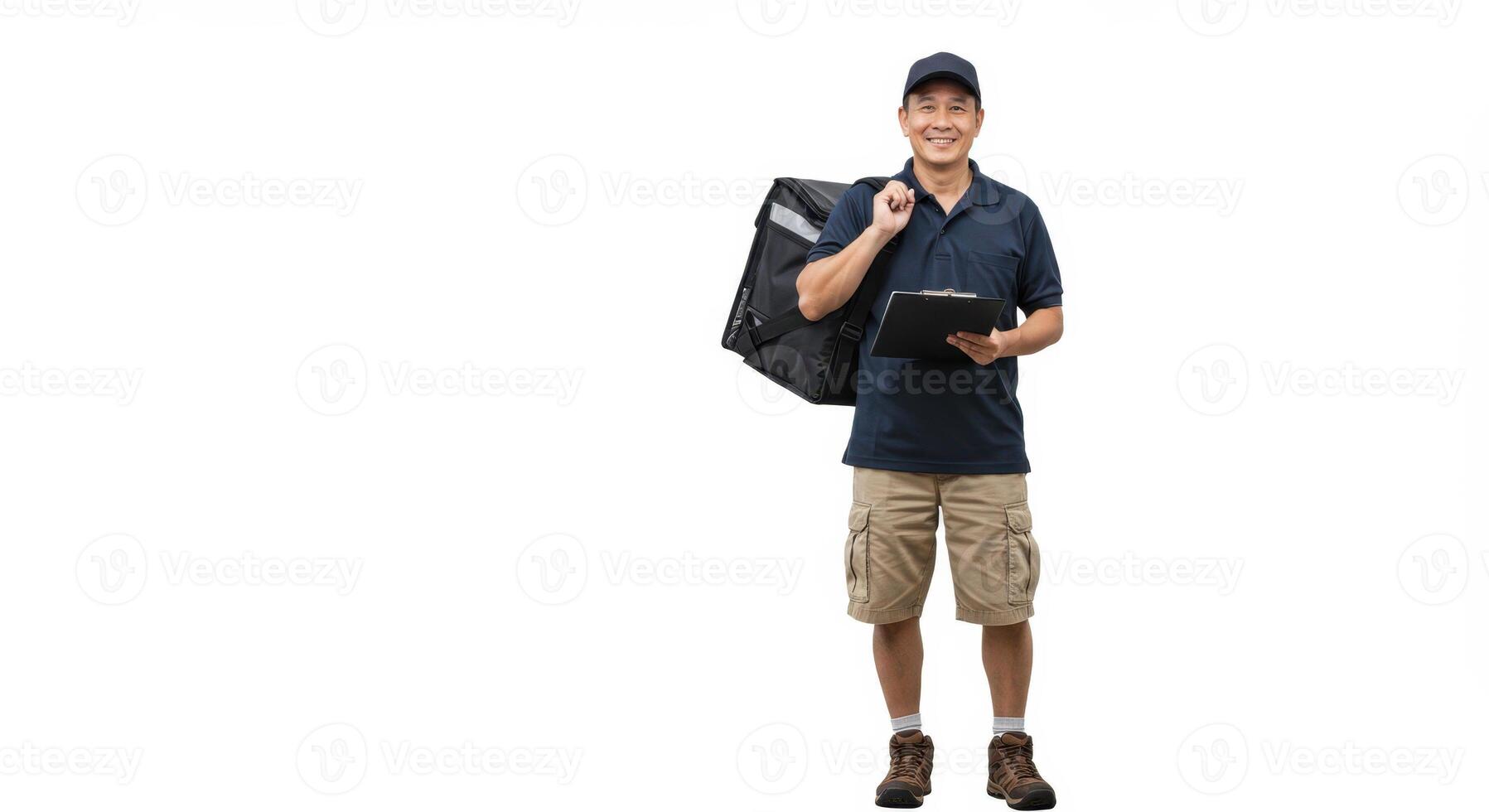 Smiling Asian Male Delivery Worker with Backpack and Clipboard in Casual Uniform photo