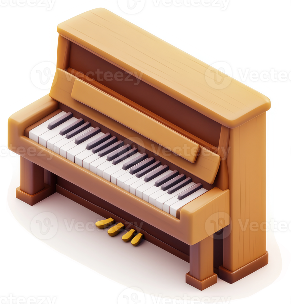 A stylized, isometric illustration of a light-brown upright piano. png