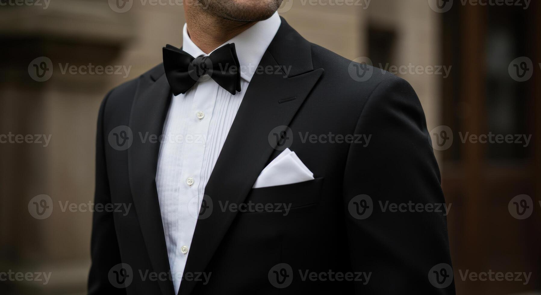 Close-Up of Elegant Man Wearing Black Tuxedo with Bow Tie and Pocket Square Outdoors photo