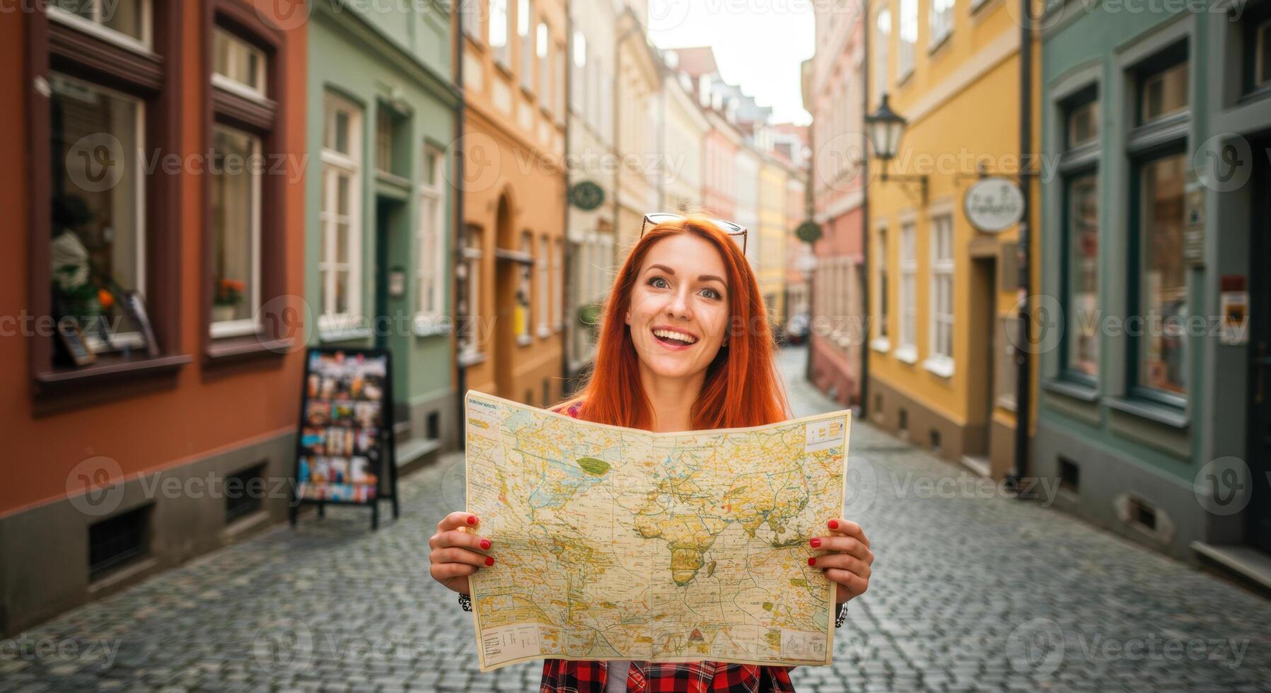 Happy Redheaded Female Tourist Holding Map Exploring Colorful European Old Town photo