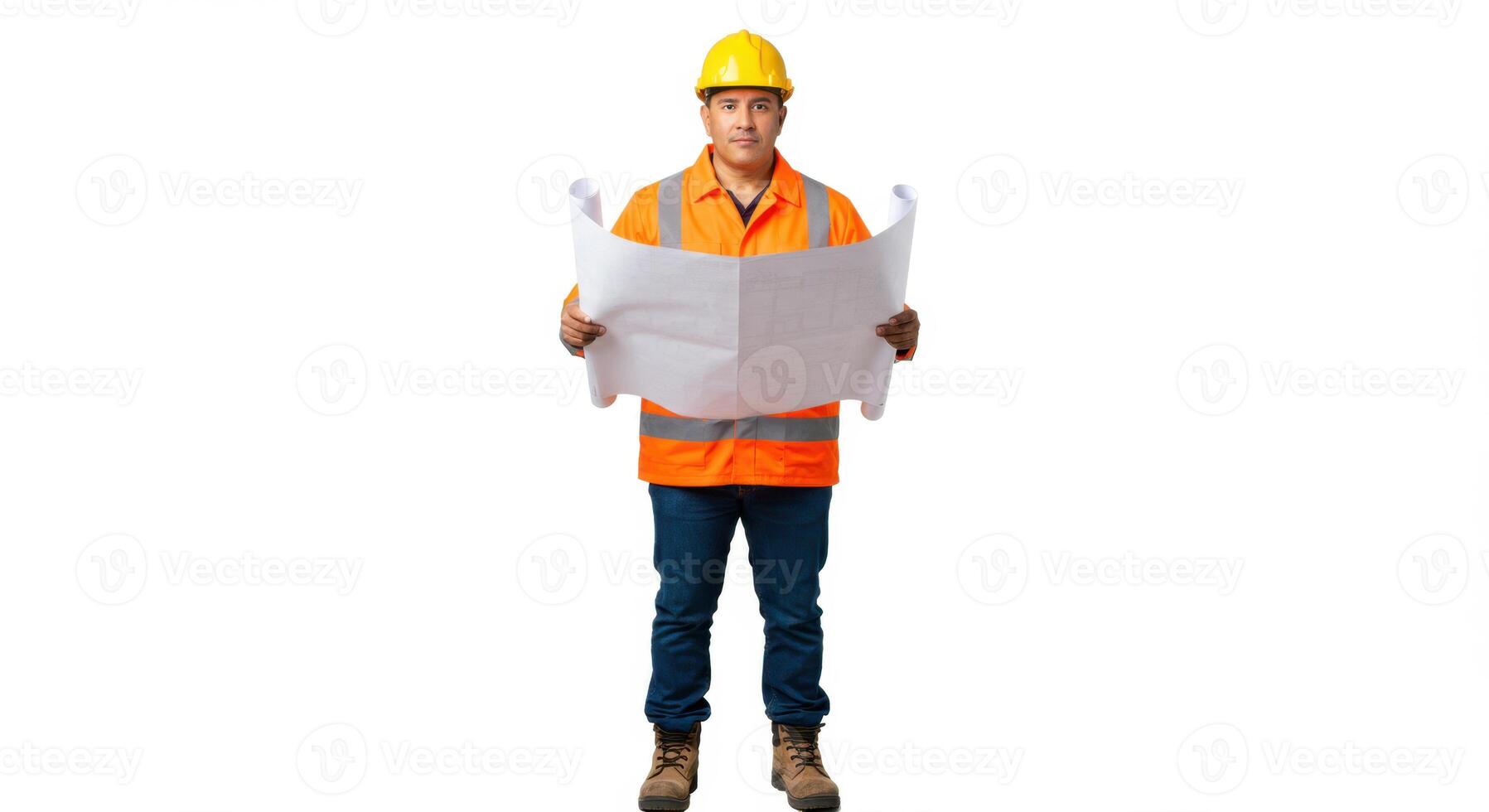 Male Construction Engineer Holding Blueprint on White Background photo