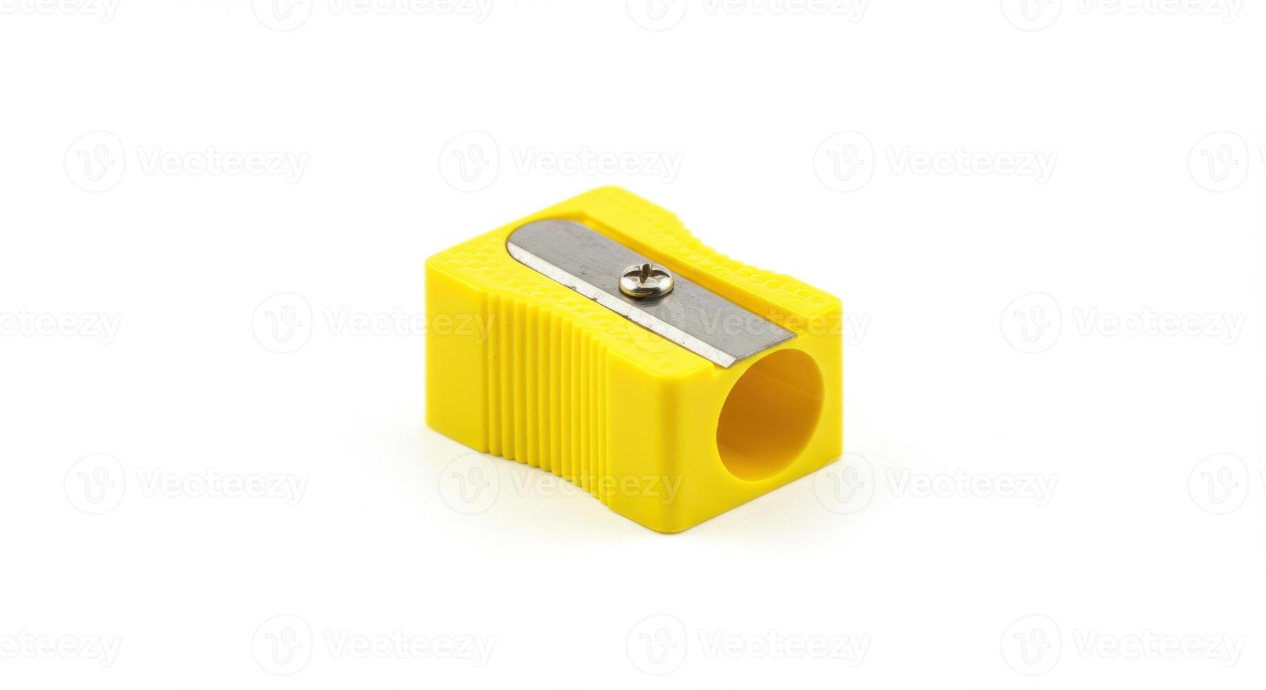 Yellow Plastic Pencil Sharpener on White Background photo