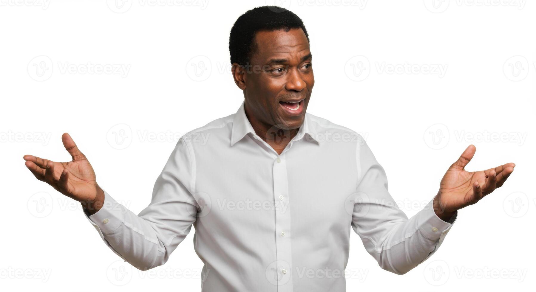 Confident Middle-Aged Black Man Presenting with Open Hands on White Background photo