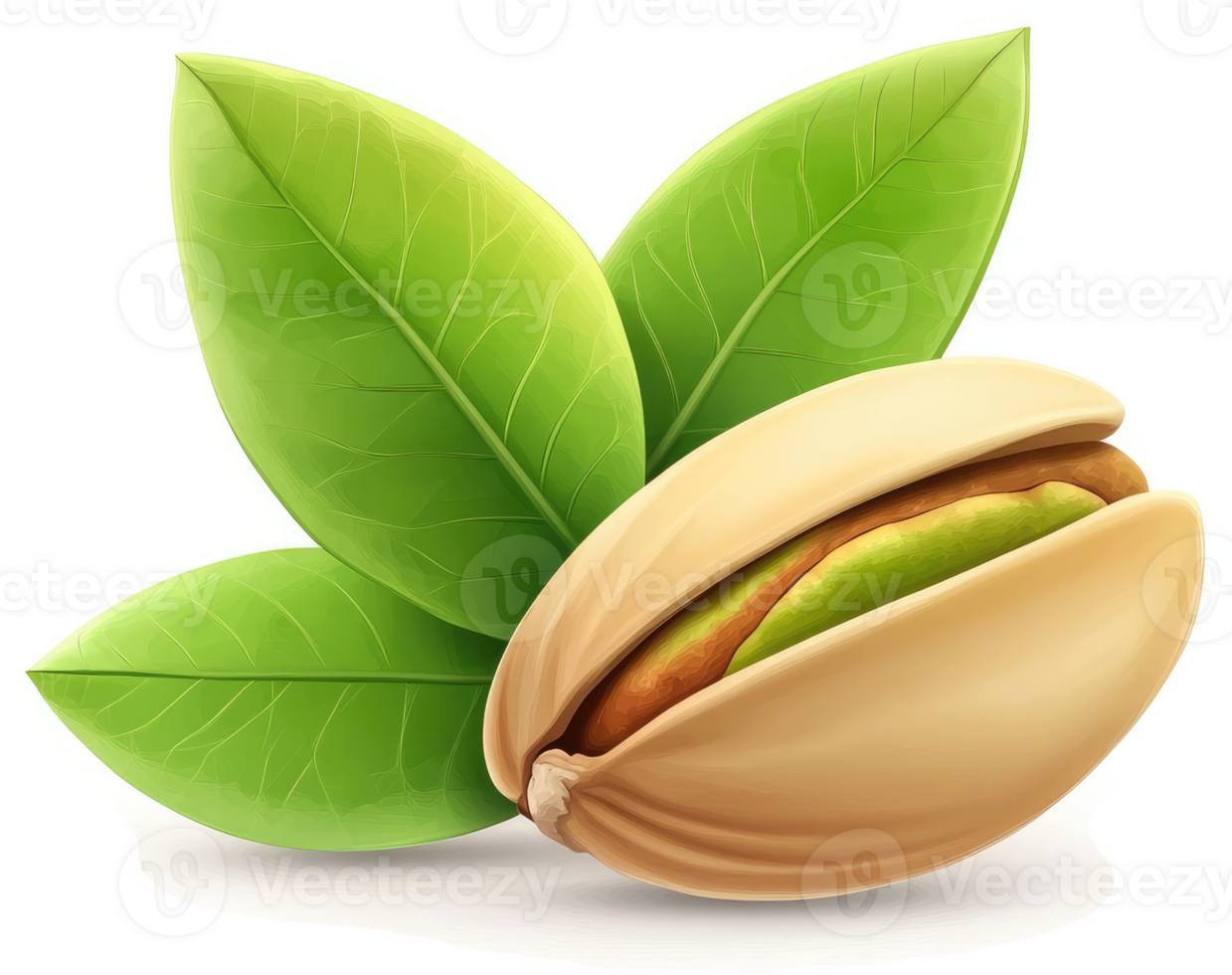 Fresh pistachio nut in its shell, with vibrant green leaves. png