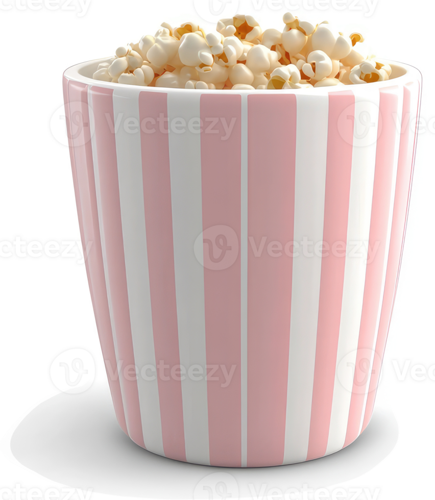 Pink striped popcorn bowl full of kernels. png
